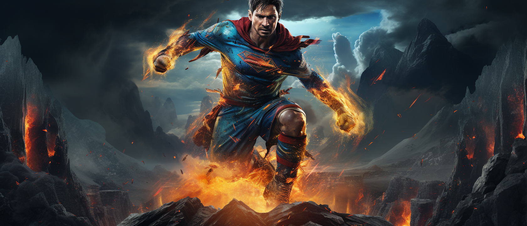 Lionel Messi playing soccer on a volcano art