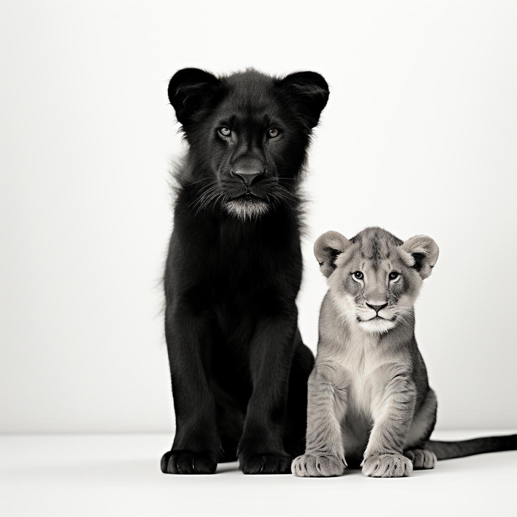 Gorgeous Lioness with High-Contrast Puppies in Minimalist Art