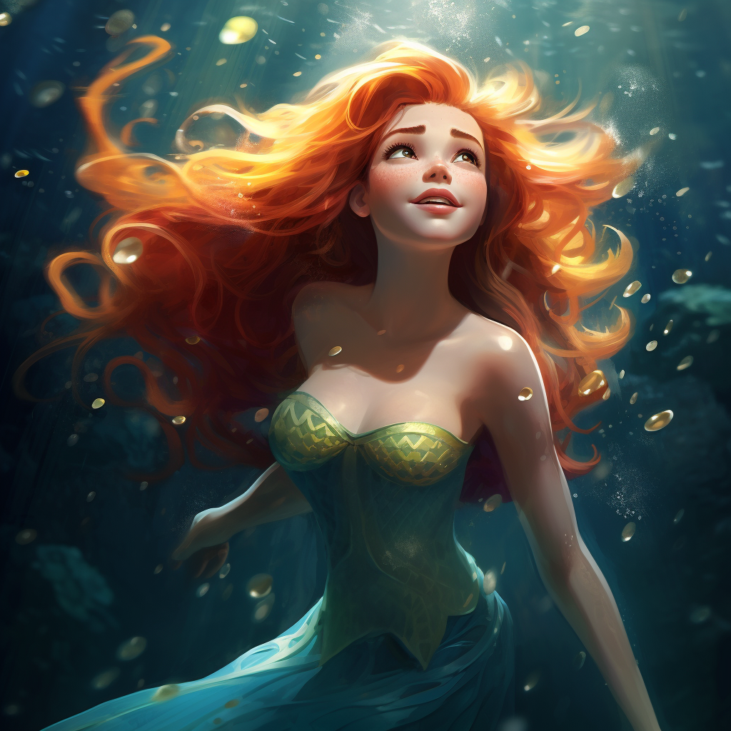 Disney's Little Mermaid as a Pixar character swimming underwater