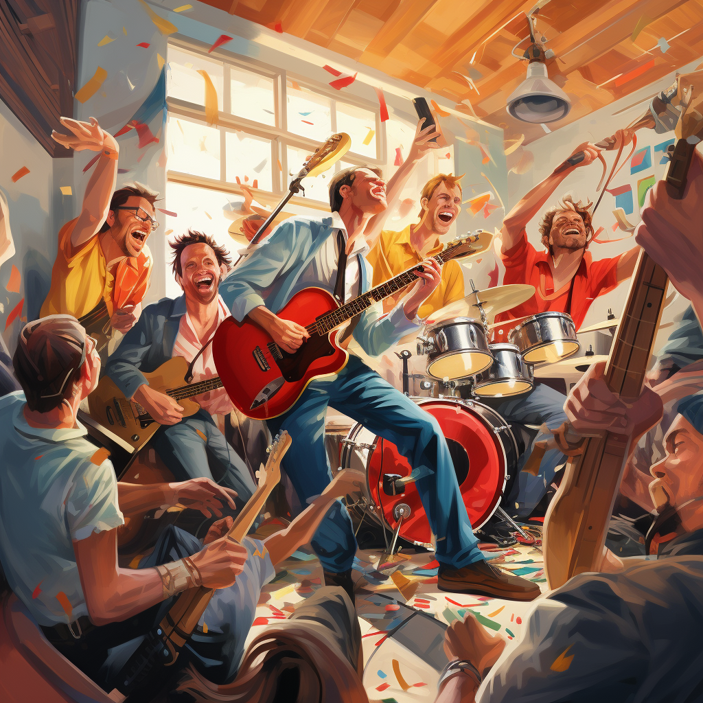 House band musicians jamming in lively illustration