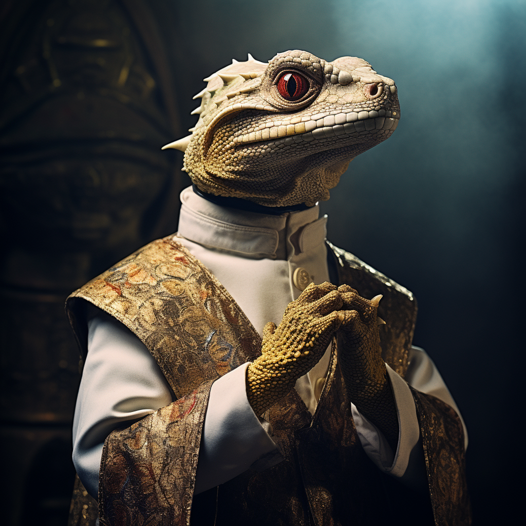 Lizard man dressed as priest