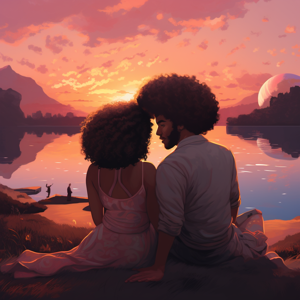 Couple enjoying sunset with afro hair