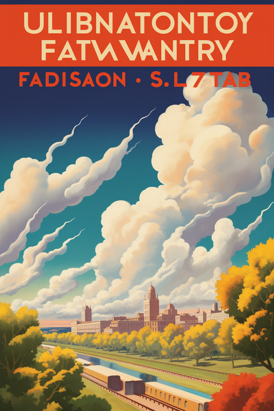 London railway poster blue sky clouds vibrant colors