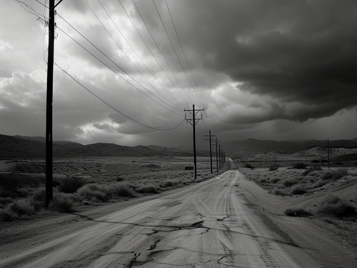 Road with hanging jeans on power lines