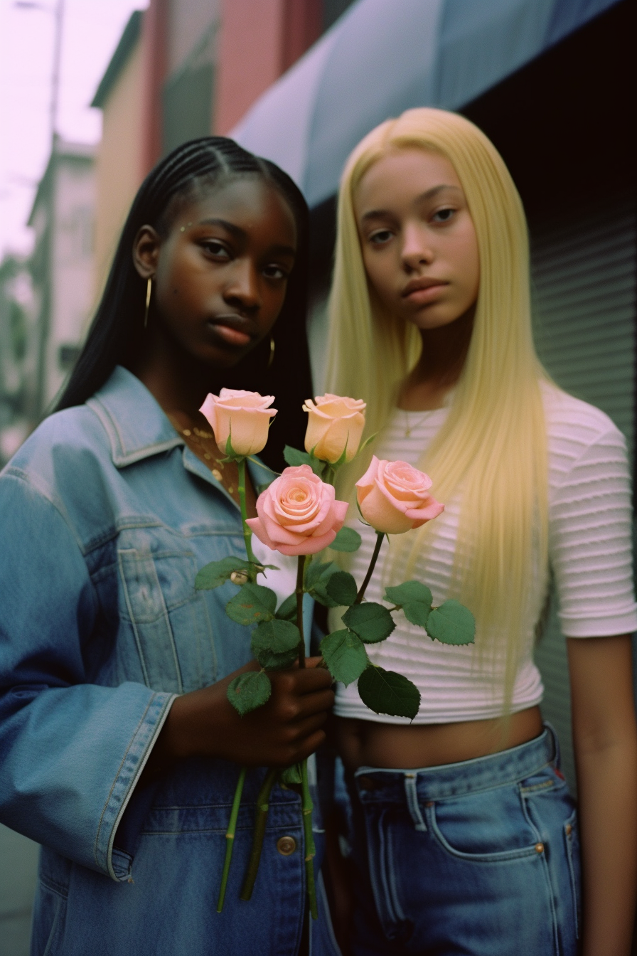 Two friends holding roses in Los Angeles