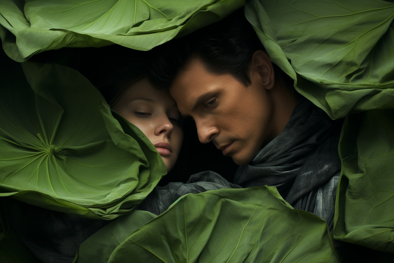 Man and woman wrapped in lotus leaves