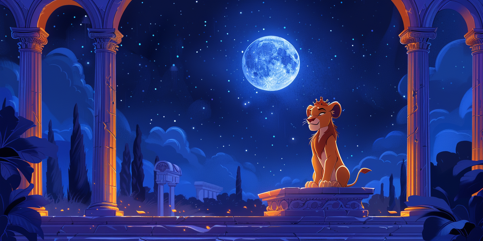 Lion cub in palace under moonlight