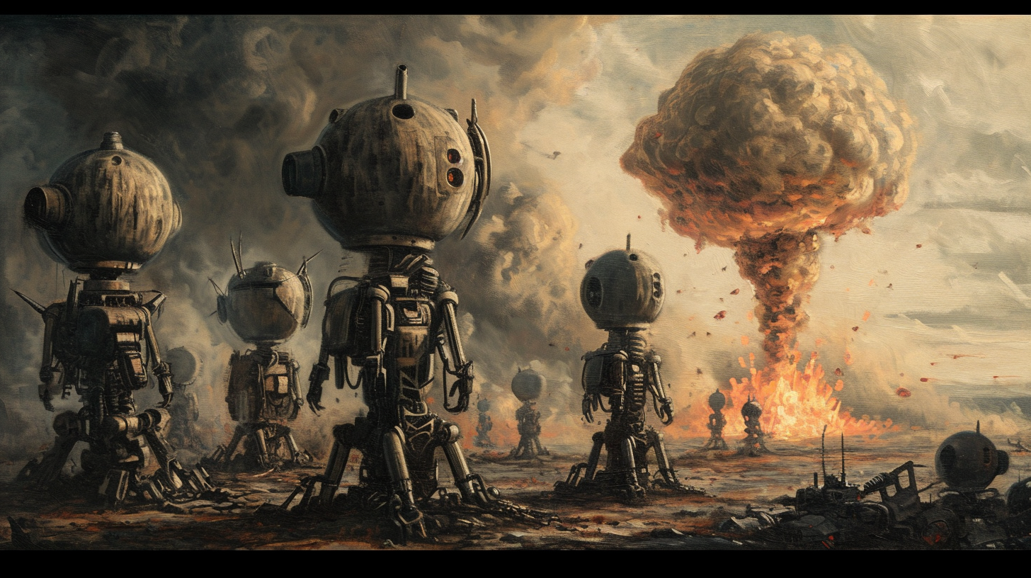 Broken Lovecraftian Robots Rusting and Nuclear Bomb Explosion