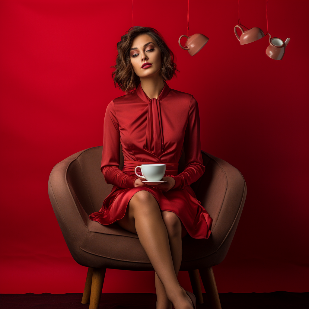 Model in Red Dress Drinking Coffee