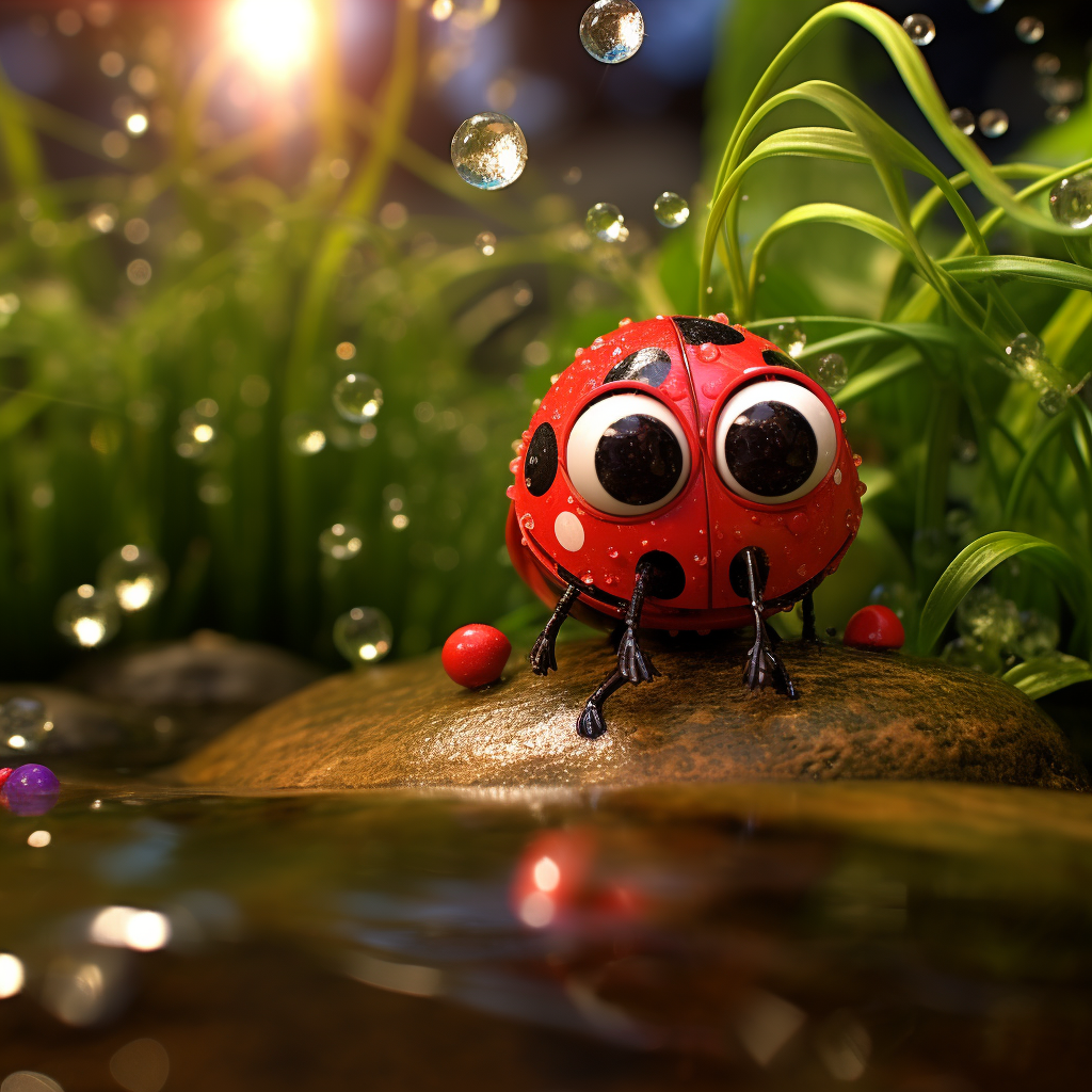 Lulu the plucky ladybug in a vibrant garden