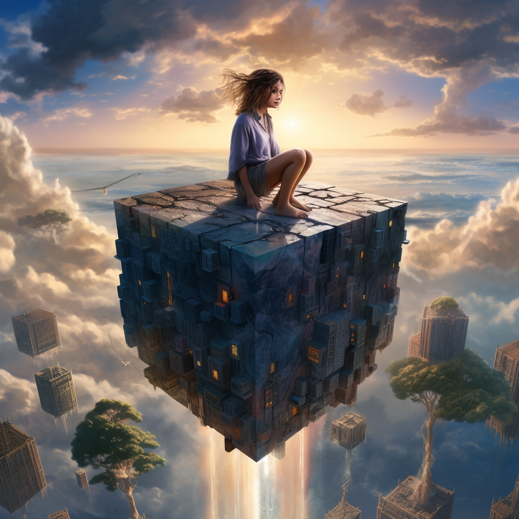 Woman with Lush Hair Sitting on Cube at End of World