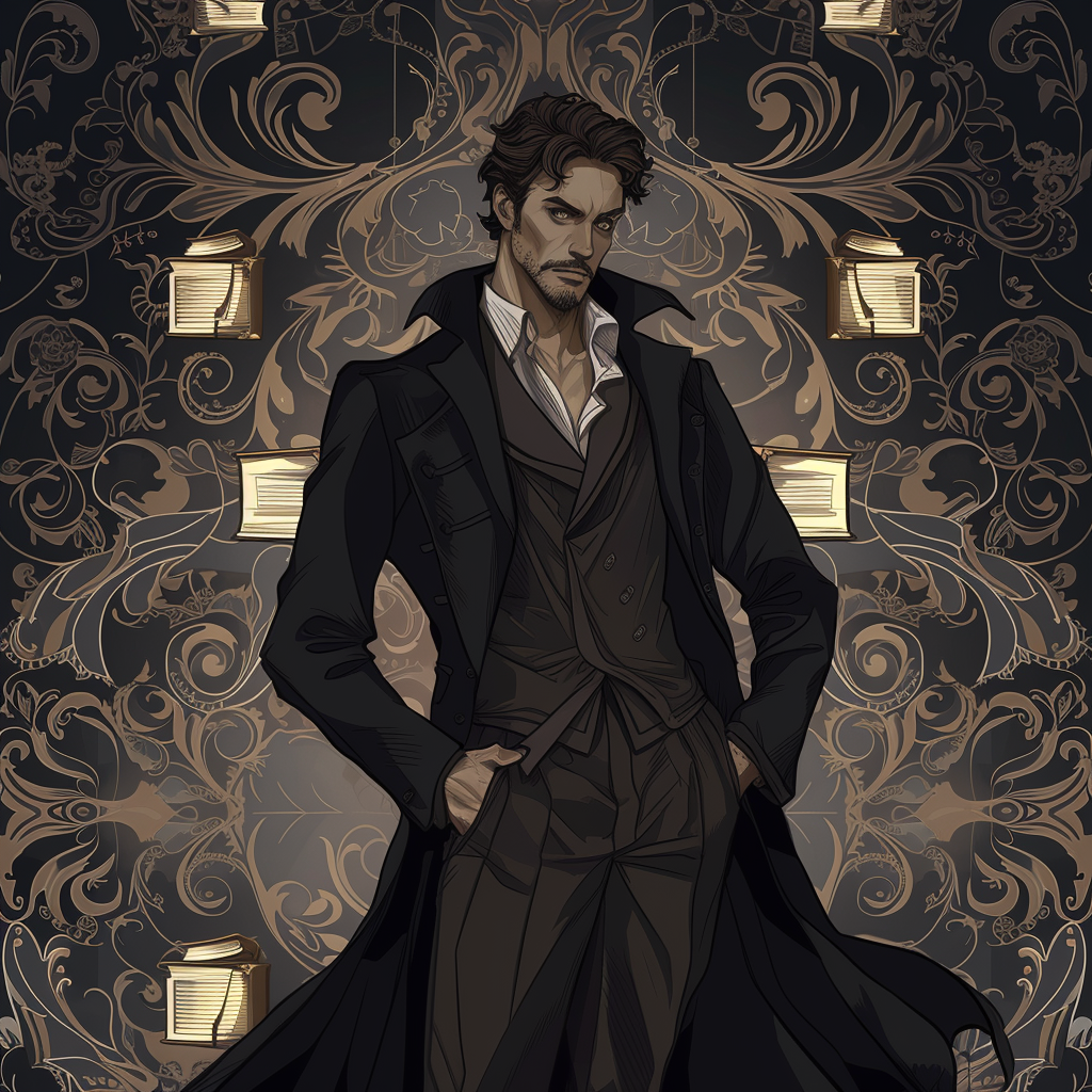 Macabre illustration of a man in dark academia clothing