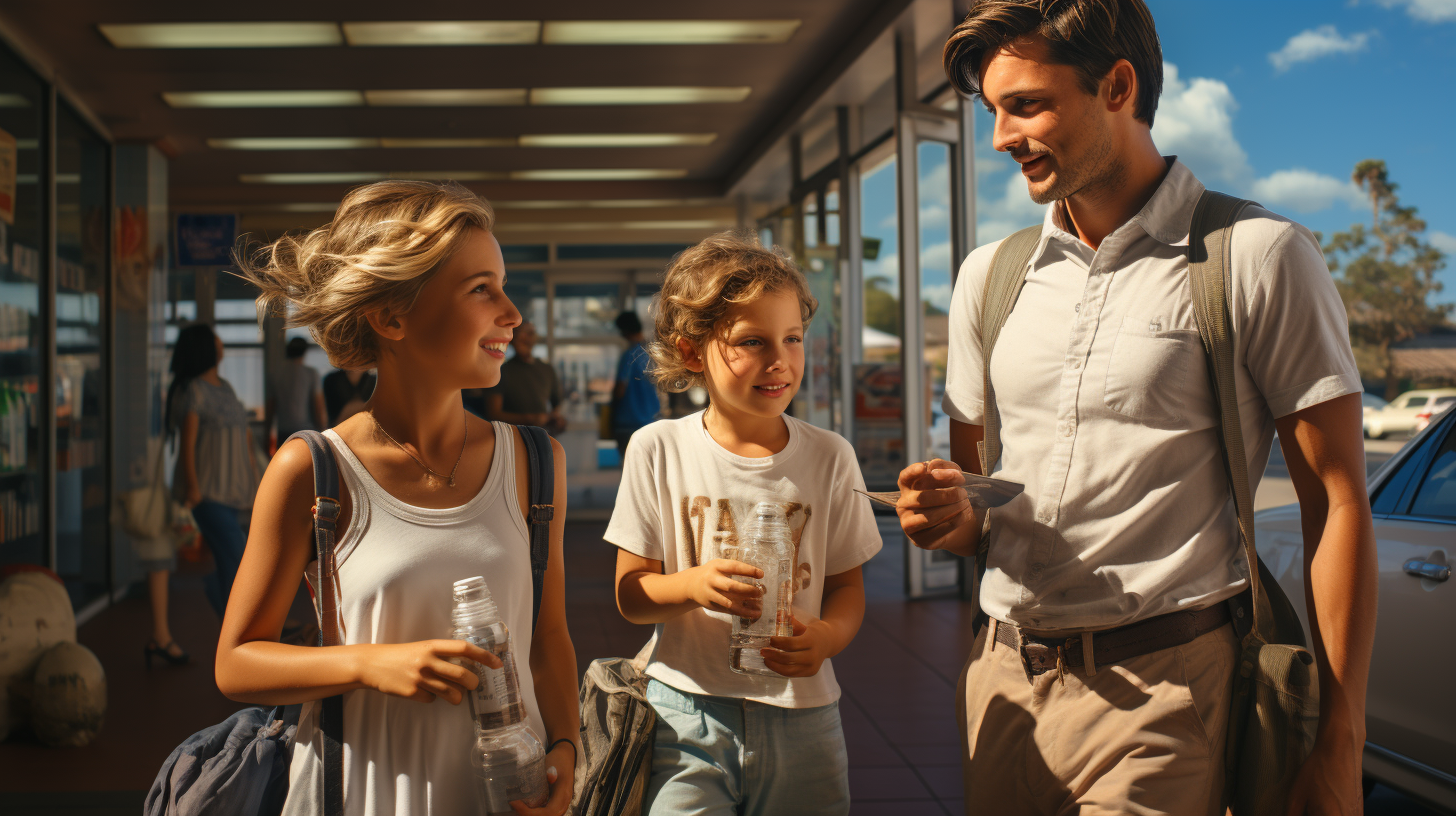 Mother filling up car with kids inside