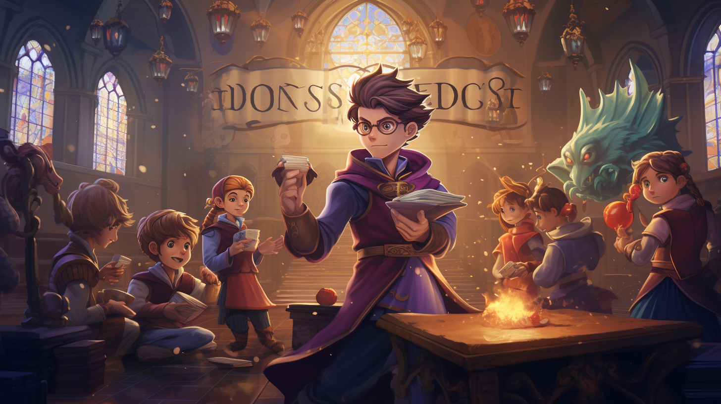 Illustration of a magical school with dragons