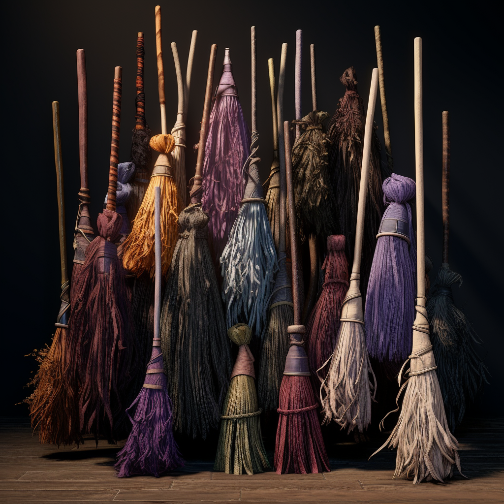 Vibrant witch brooms in flight