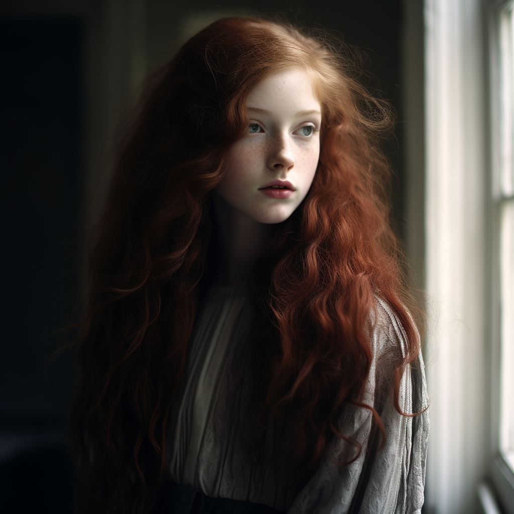 Beautiful teenage girl with mahogany hair in a fantastical southern gothic setting