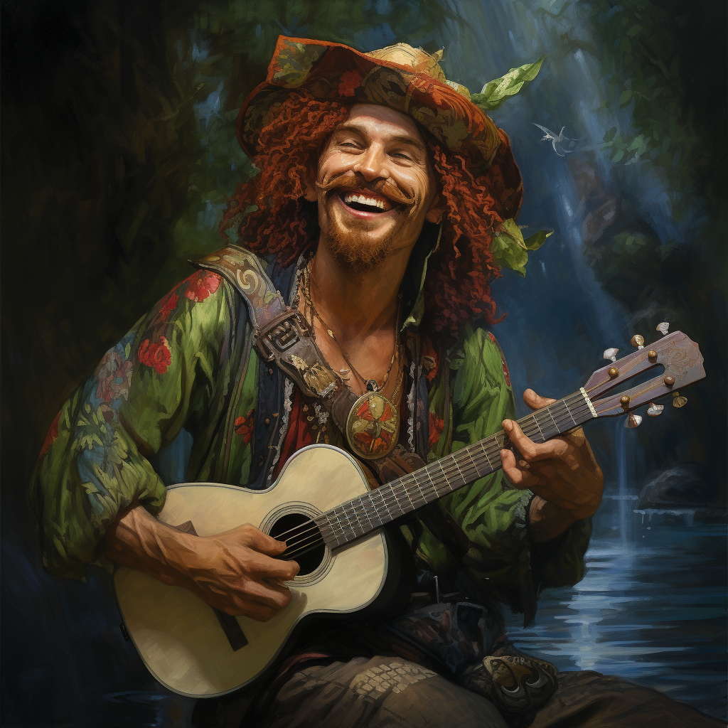 Smiling male bayou elf playing banjo