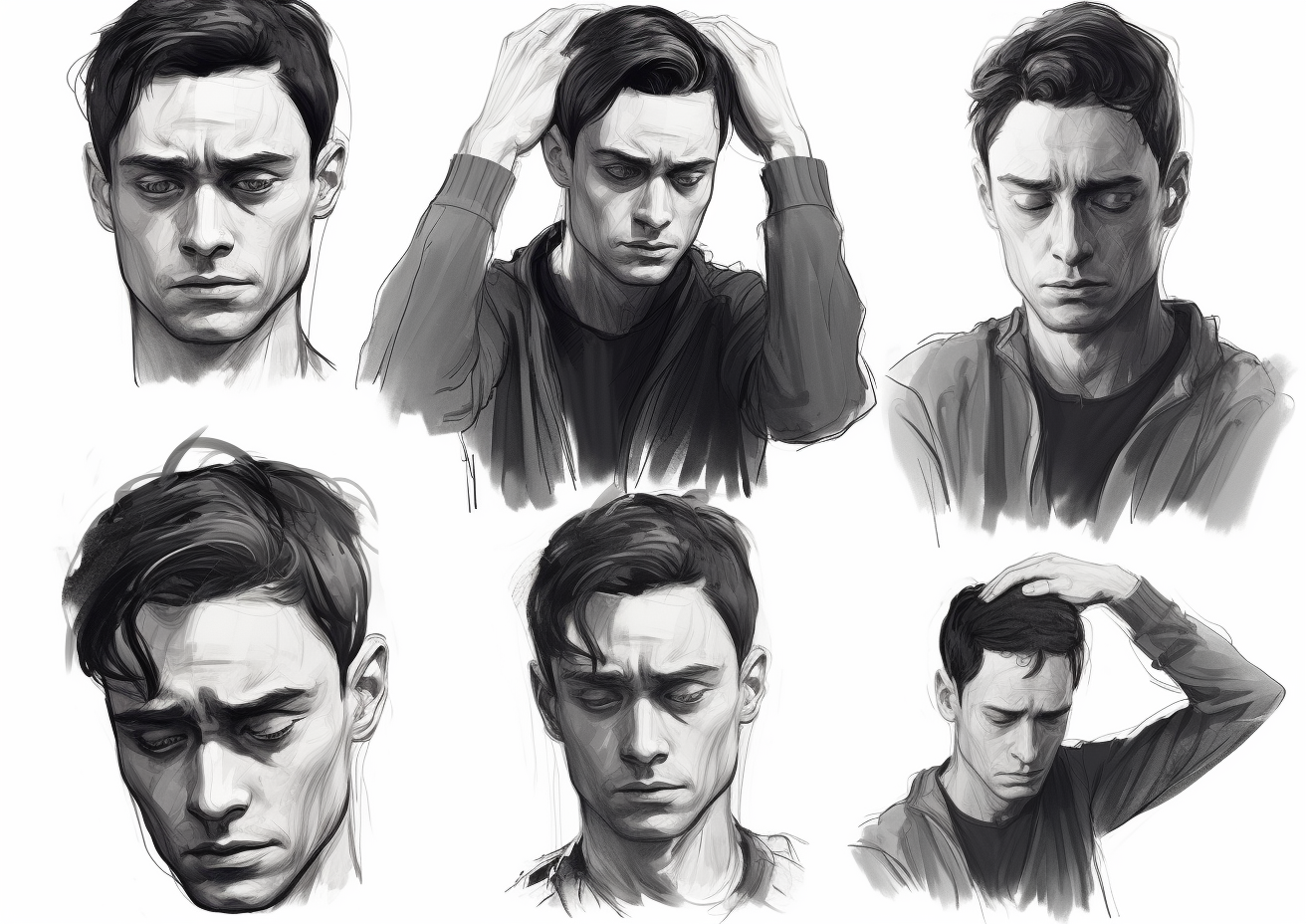 Sketches of male subtle sad anxious expressions