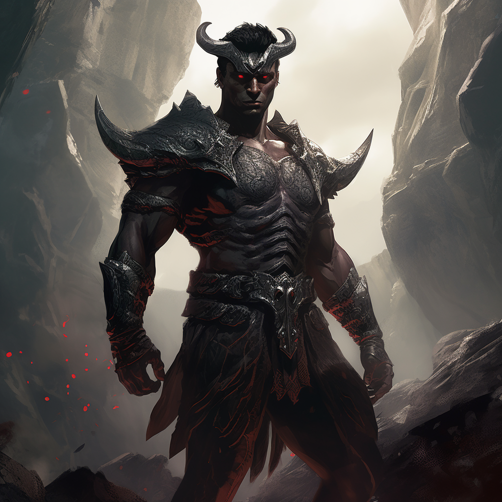 Male Tiefling Gladiator splitting black rocks