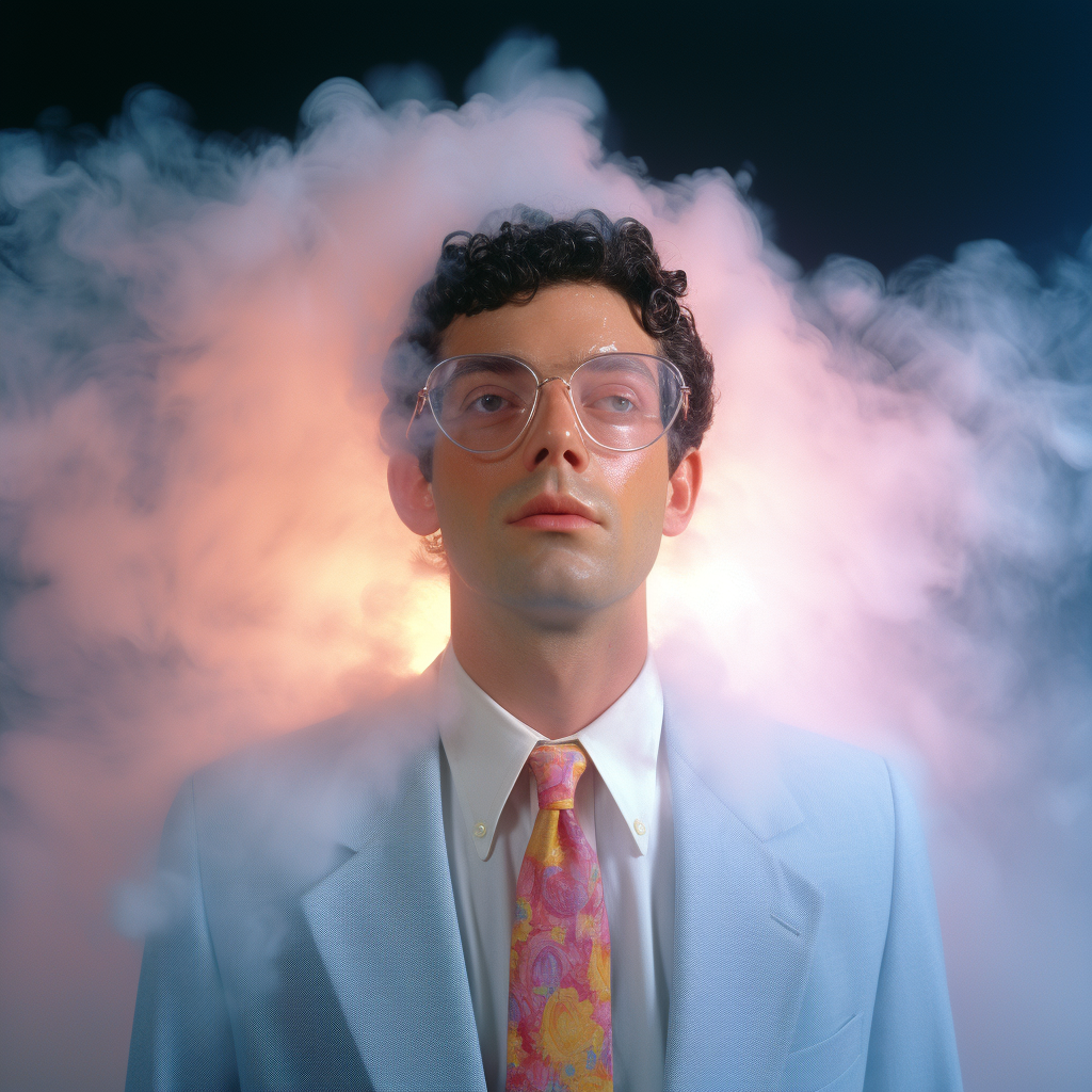 Male office worker evaporating into psychedelic mist