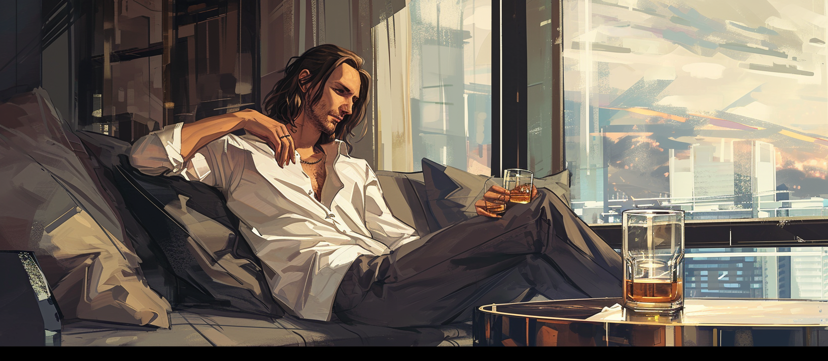 Athletic male sitting on a futuristic couch drinking whiskey