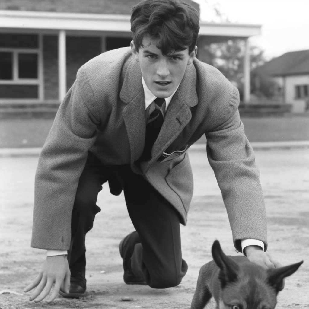 Wild dog-like male classmate in school uniform