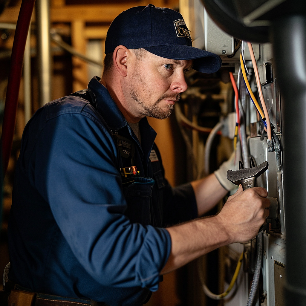 Man working with wrench on furnace