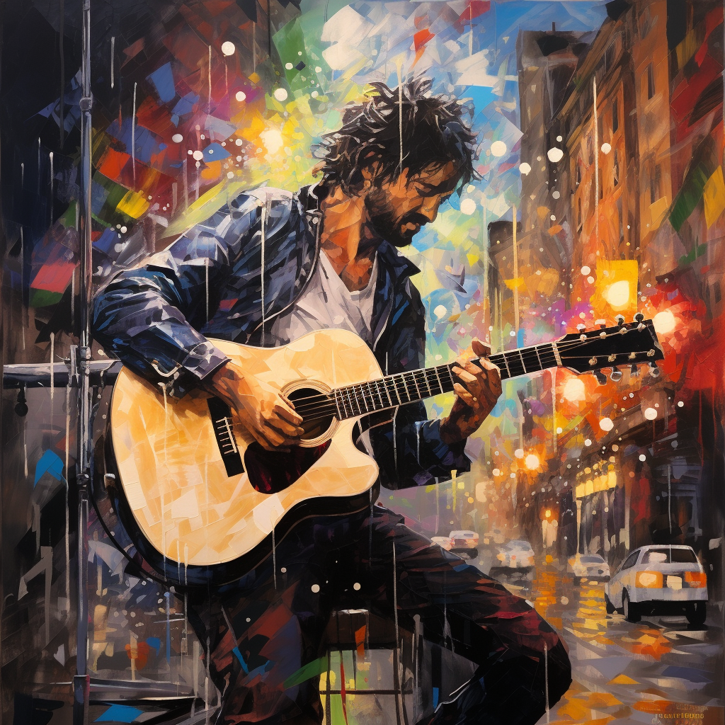 Man Singing in Multicoloured Rainstorm