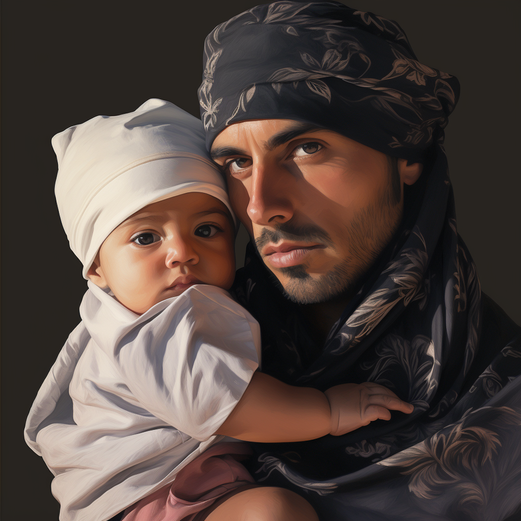 Man with Baby Wearing Bandana Impasto Droste