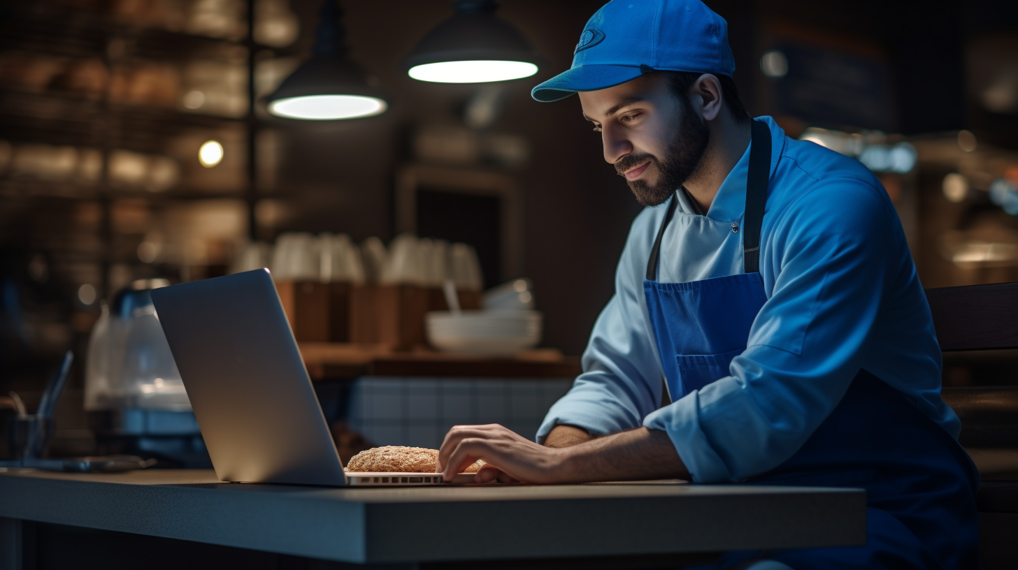 Man sitting by laptop in bakery