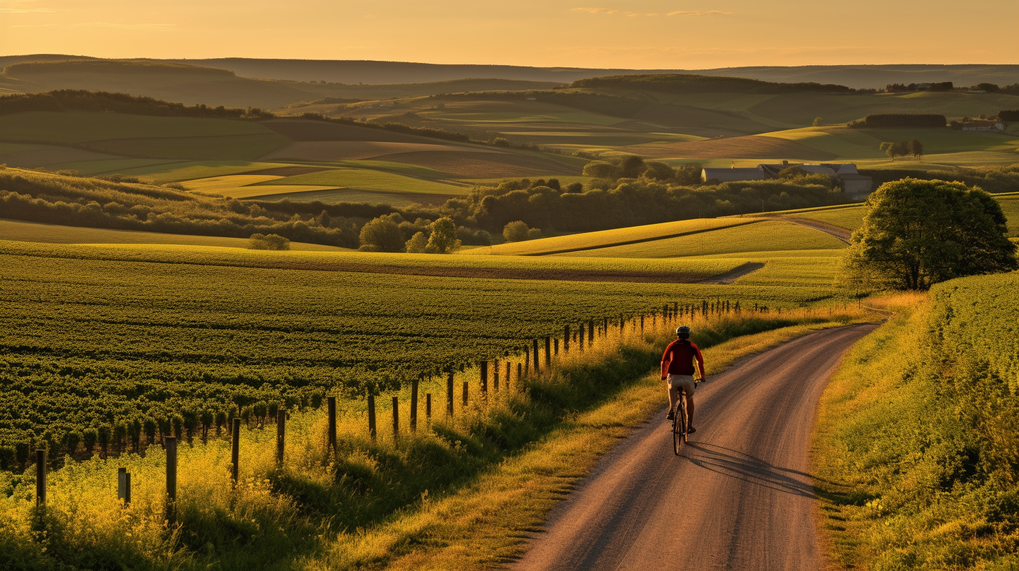 Man on bicycle in champagne landscape