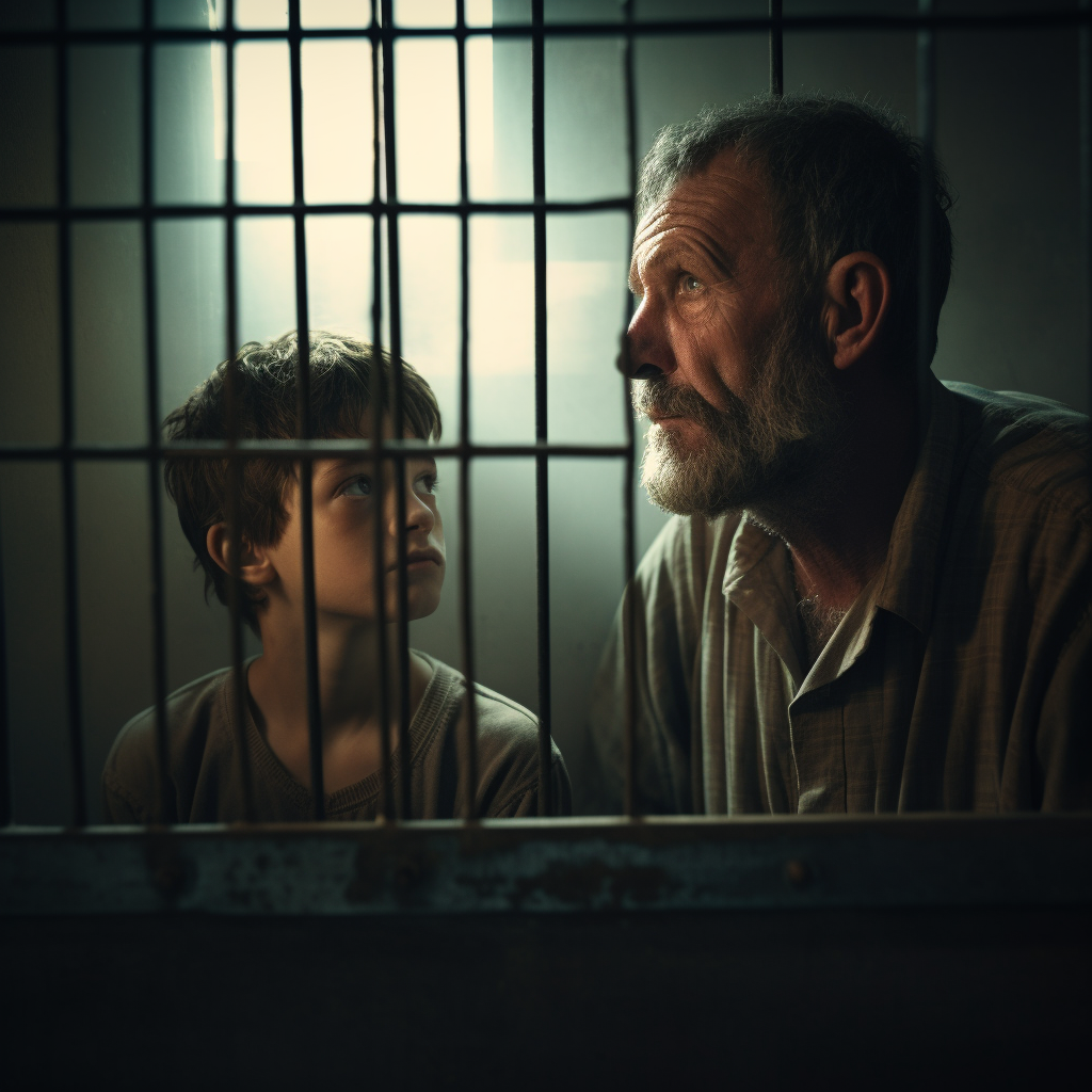 Man and boy looking through prison bars