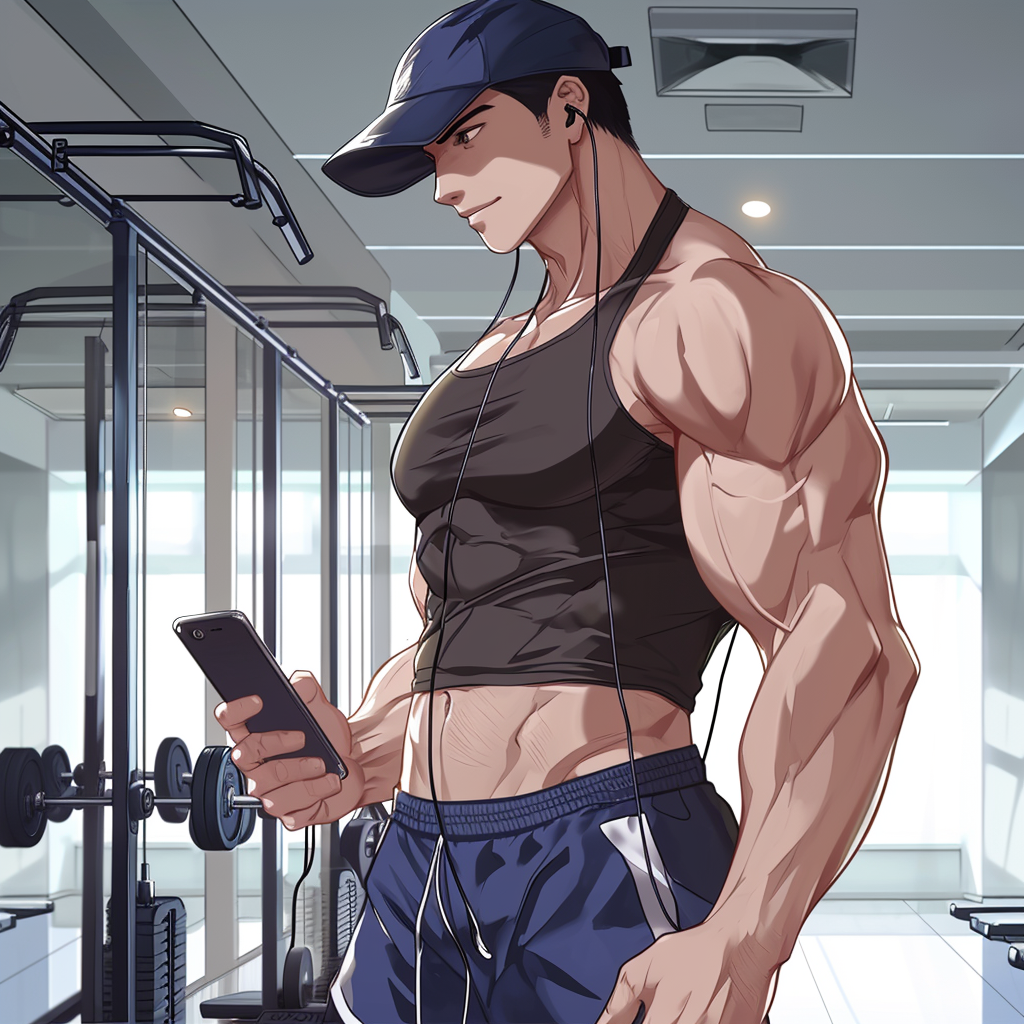 Muscular man in gym attire with headphones