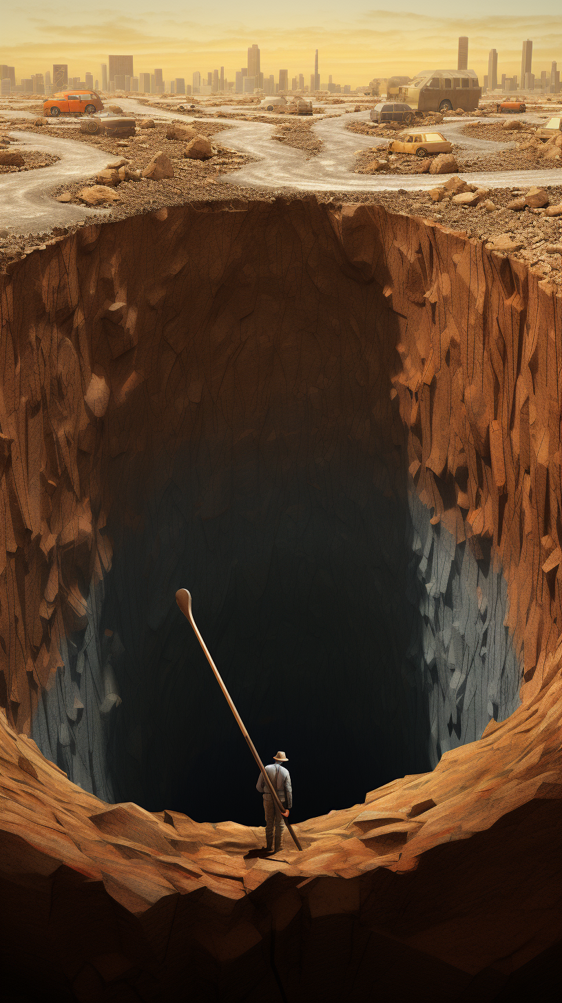 Man filling giant hole with shovel