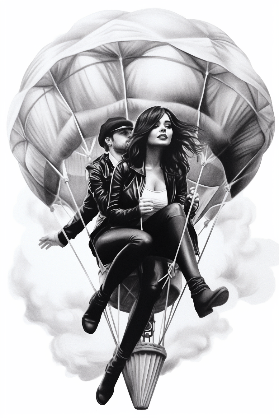 Black and white illustration of a man and Selena Gomez flying in a balloon