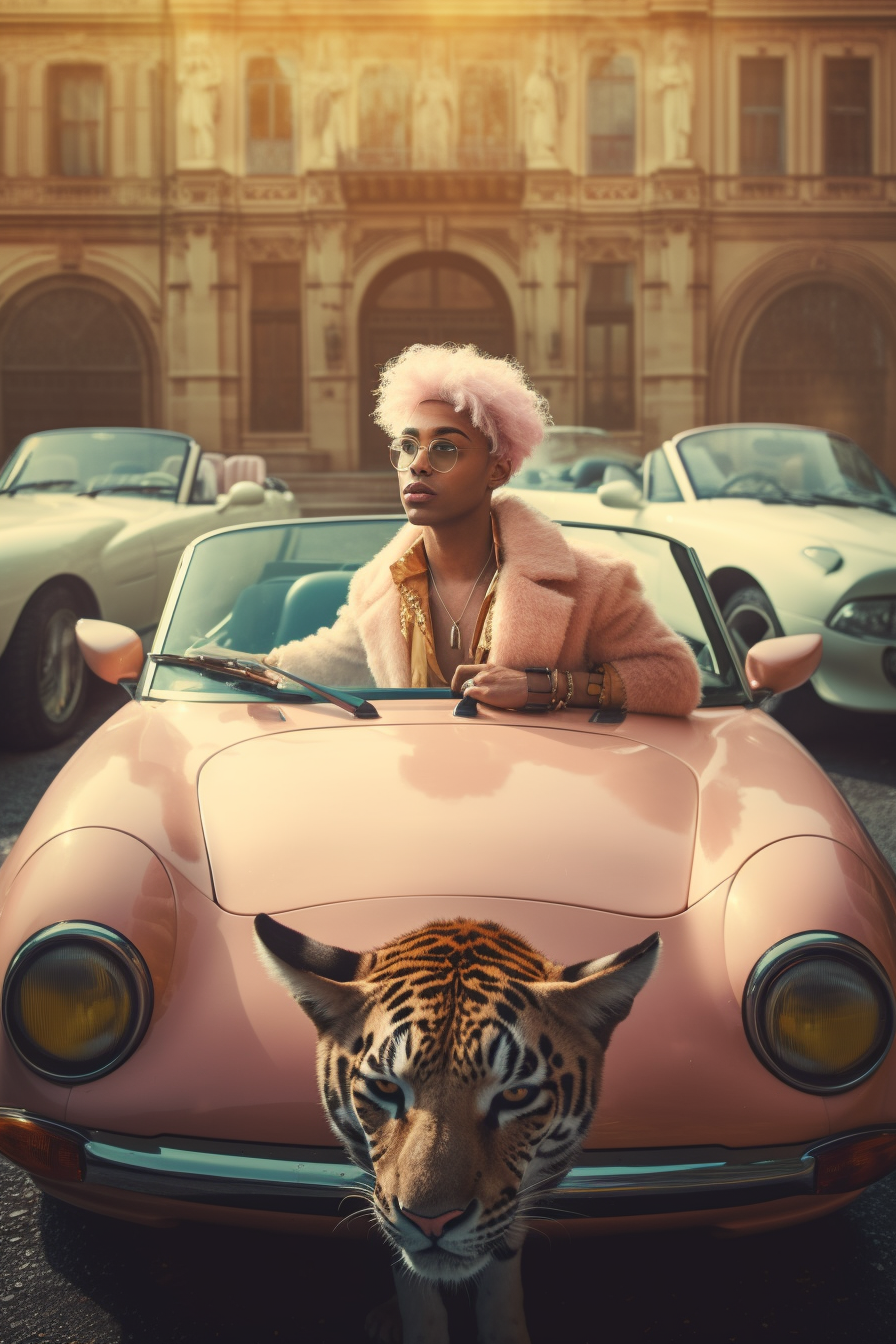 Man with Gold Hair in Convertible Car with Cats