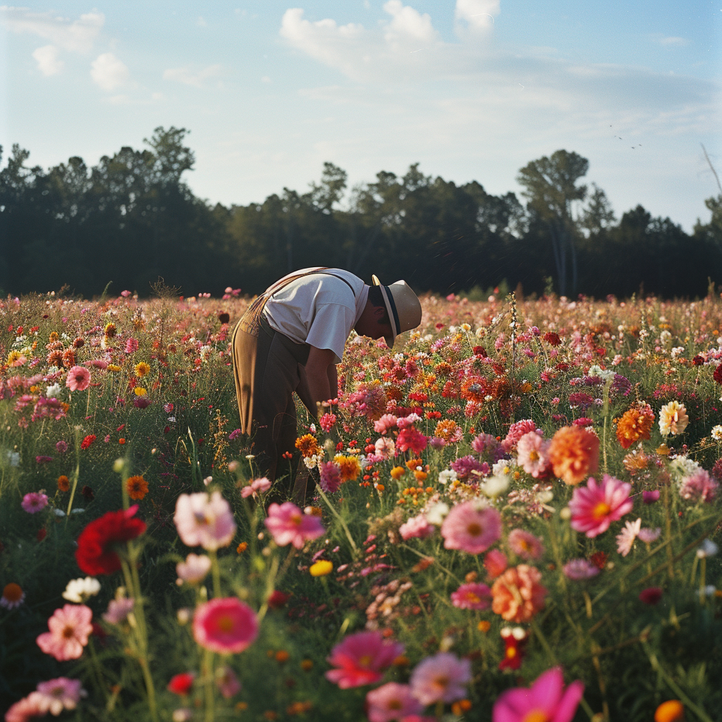 Man harvesting field flowers bacon growing