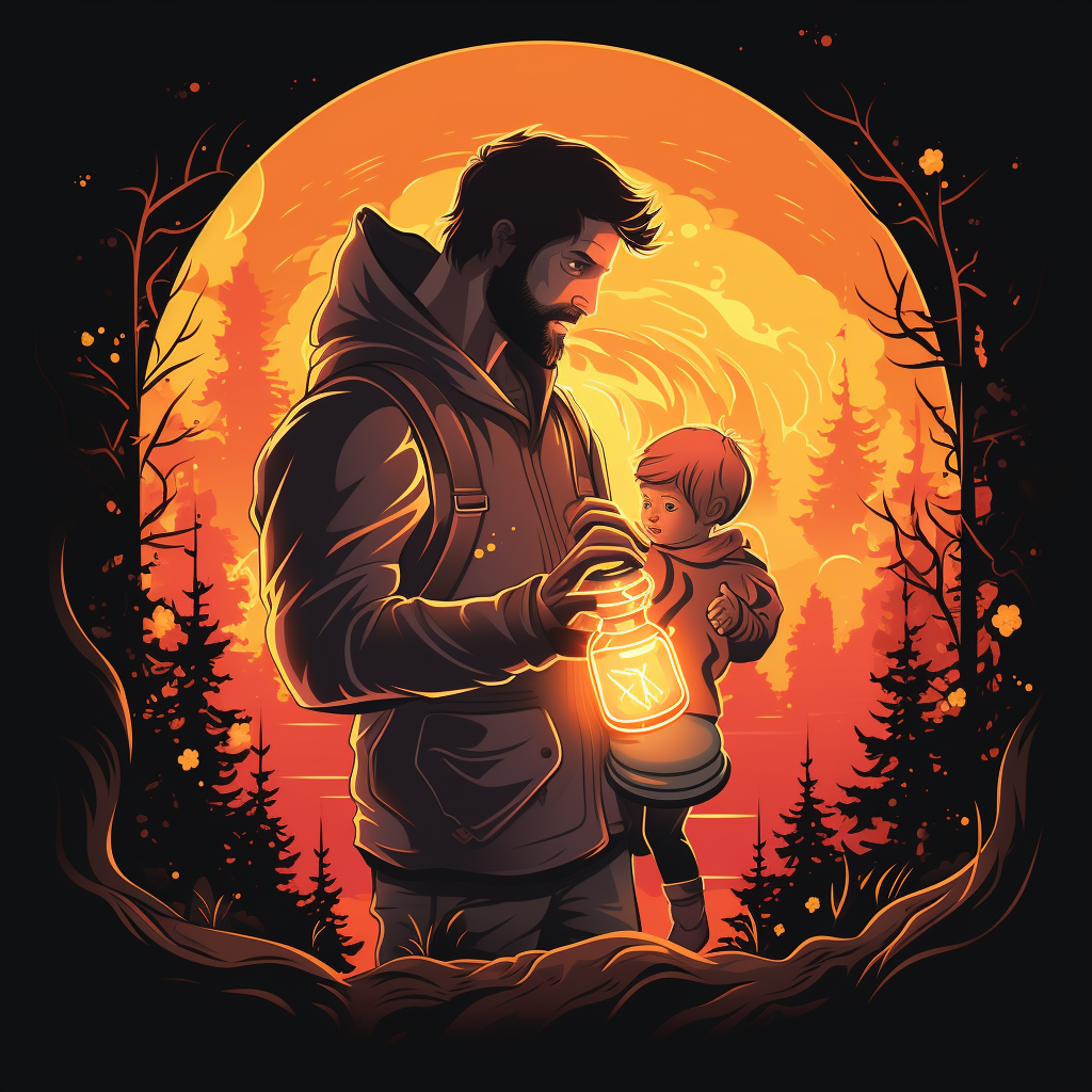 Man holding child with flame torch against bacteria