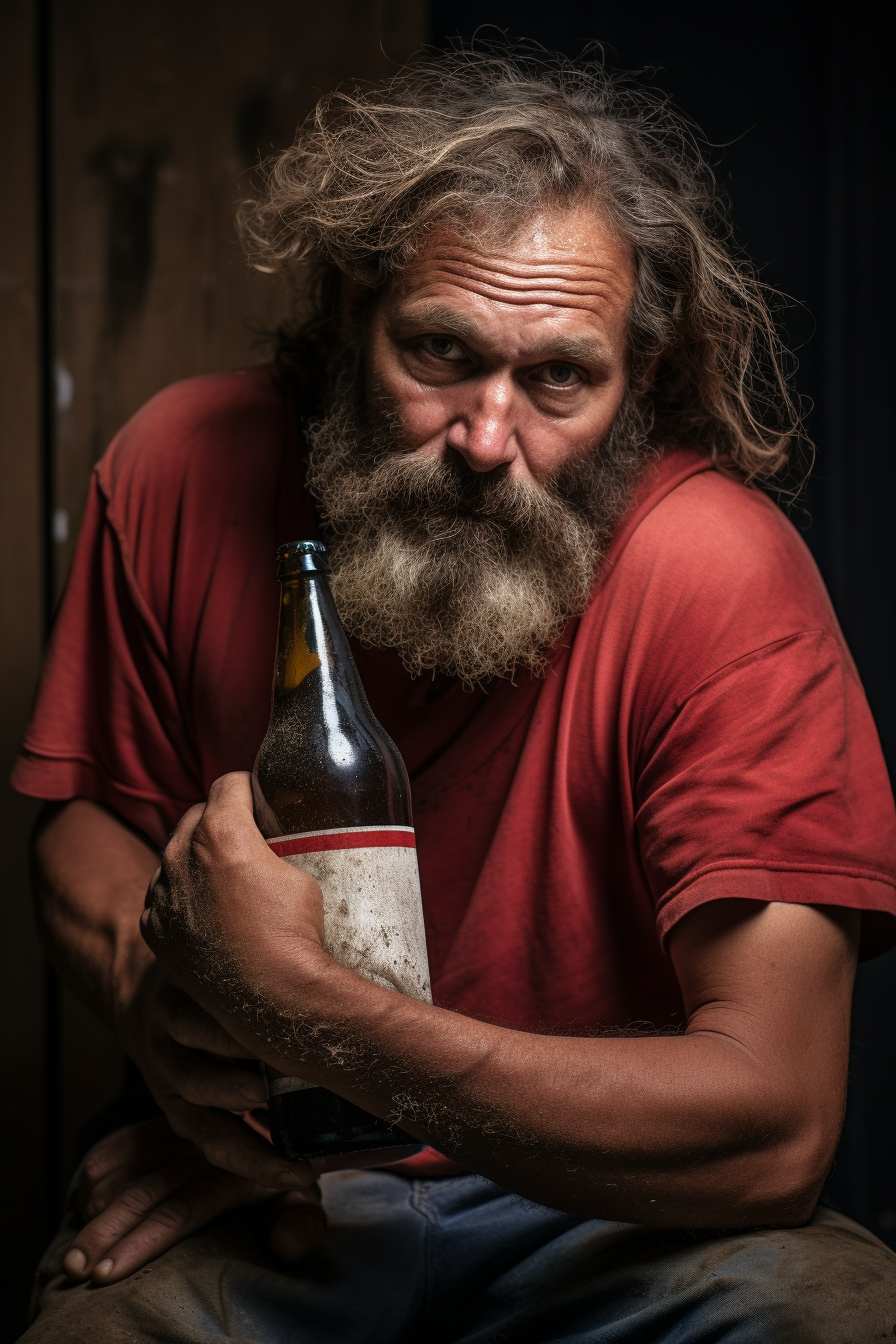 Man embracing beer bottle with joy