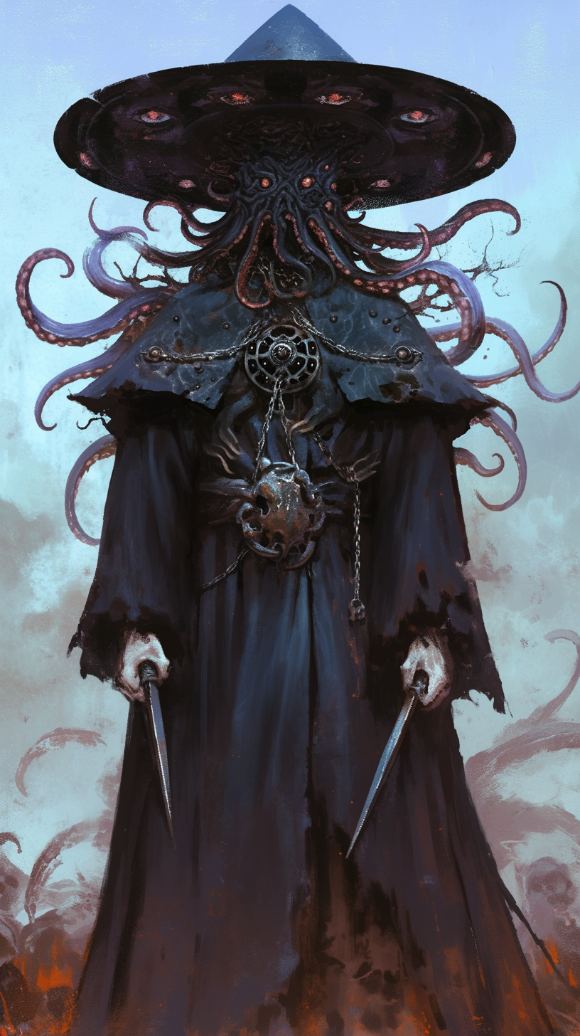 man-like squid creature with tentacles, hat and knives in dark city.