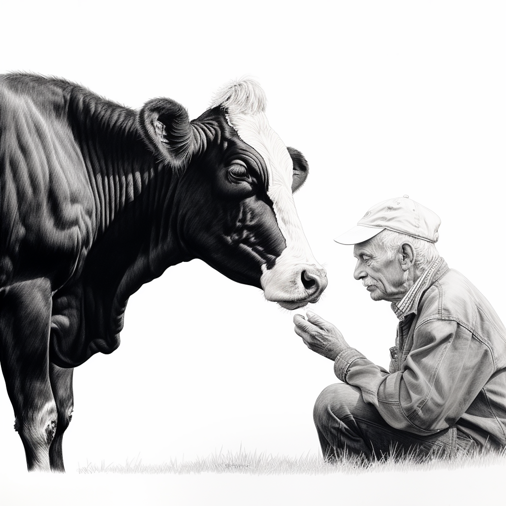 man milking cow - black and white drawing