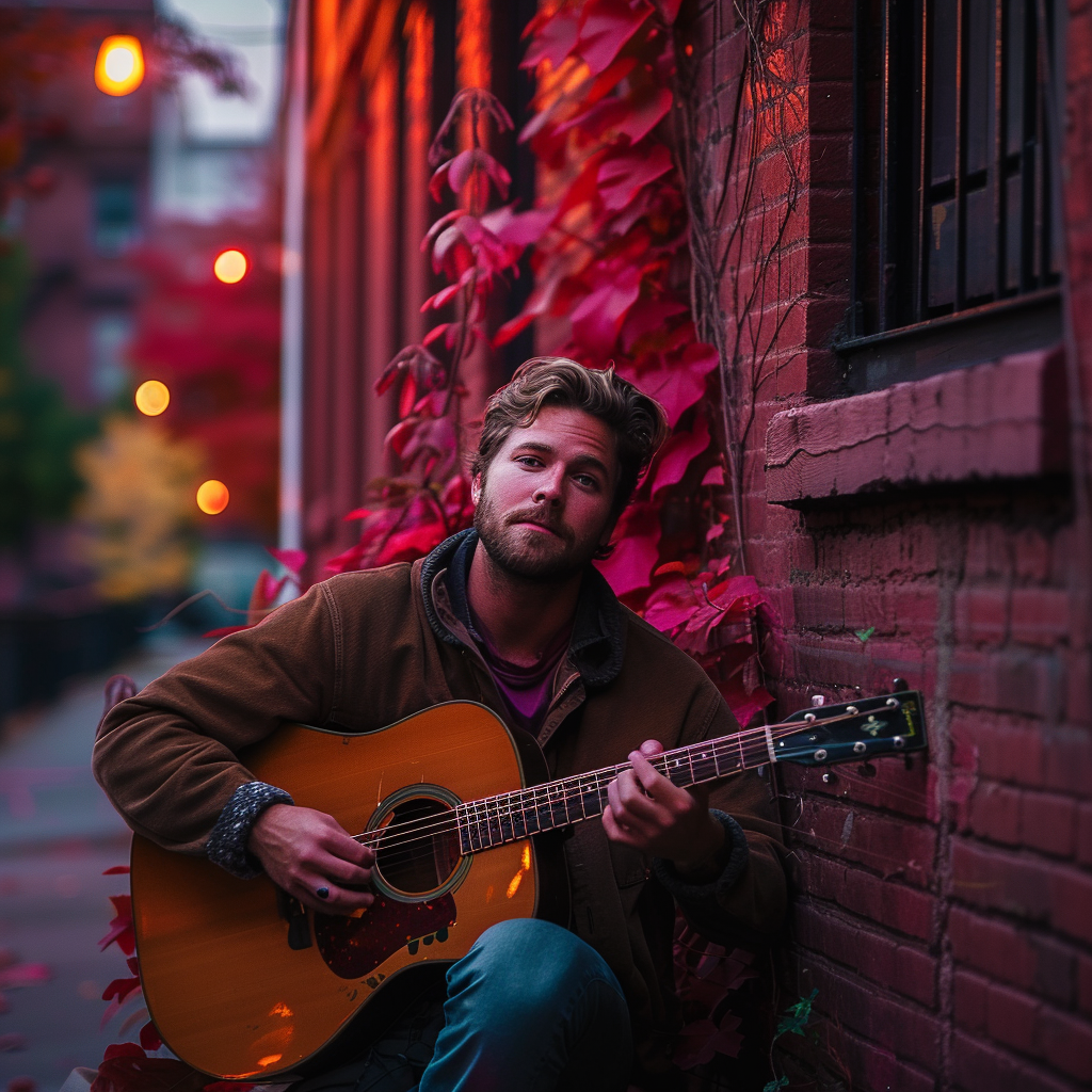 Man playing guitar against red brick building