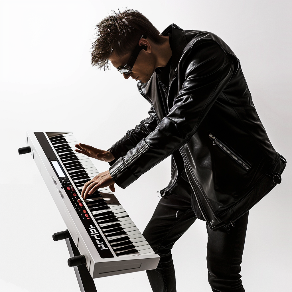 Man playing keytar on white background