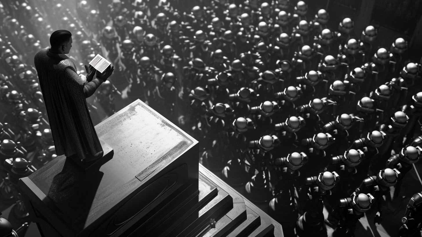 Priest delivering powerful speech to robot army