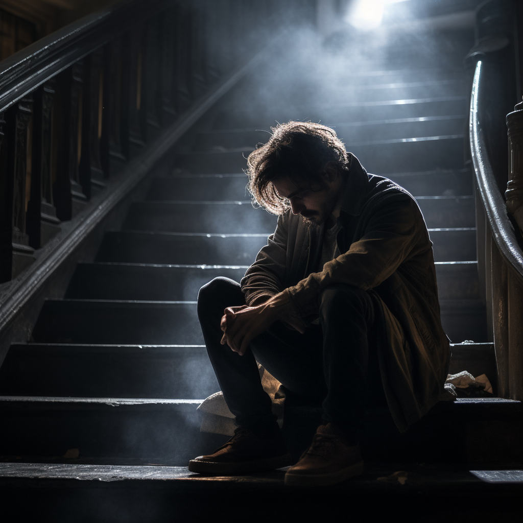 Man suffering silently on stairs