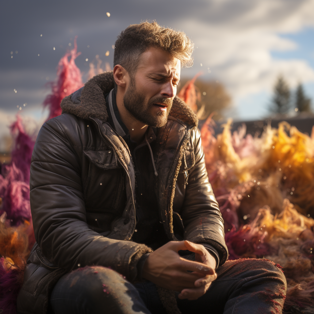 Man sneezing rainbows in vibrant colors