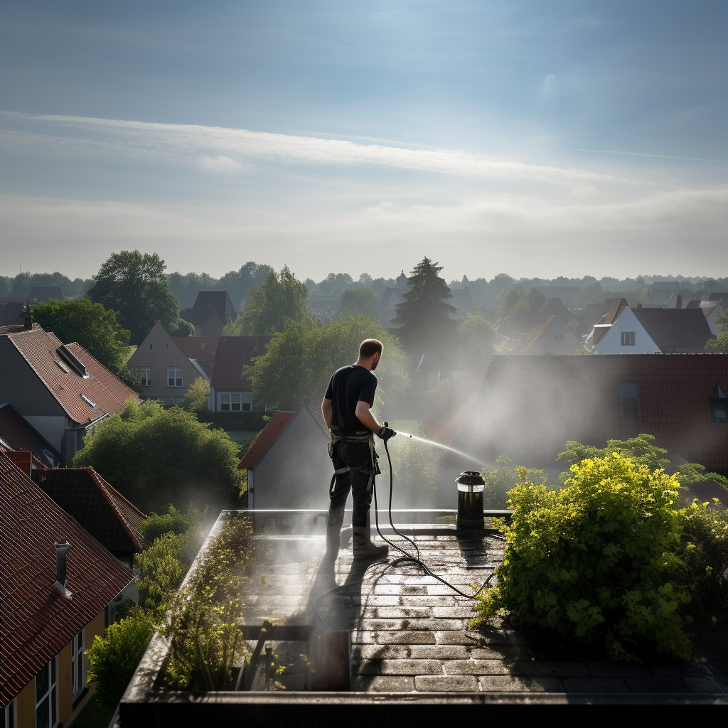 Man cleaning roof of Belgium house