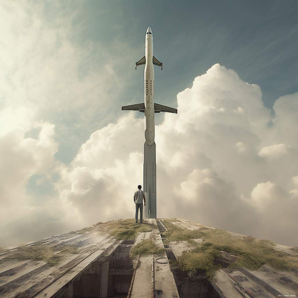 Man Standing on Tall Tower Roof with Airplane Below