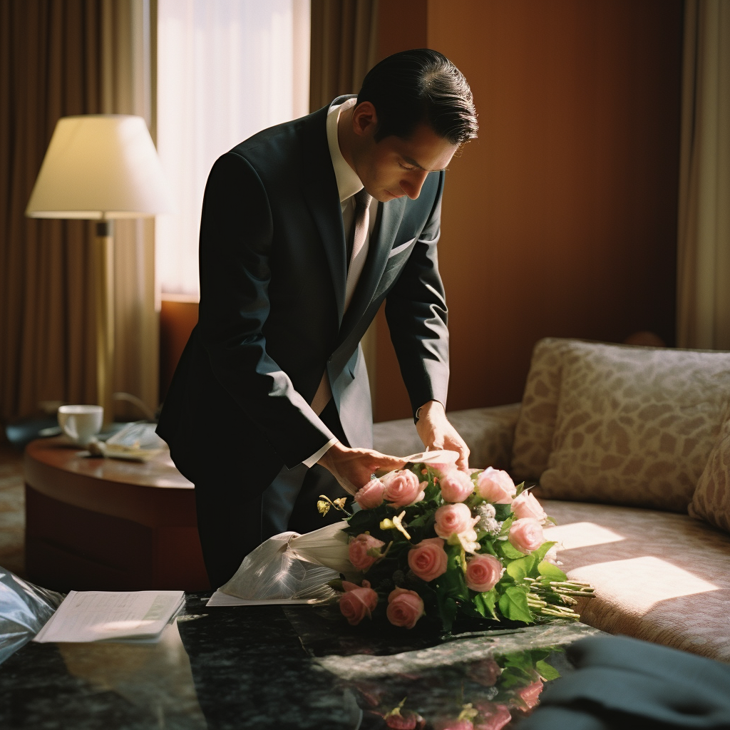 Man in suit putting box in pocket