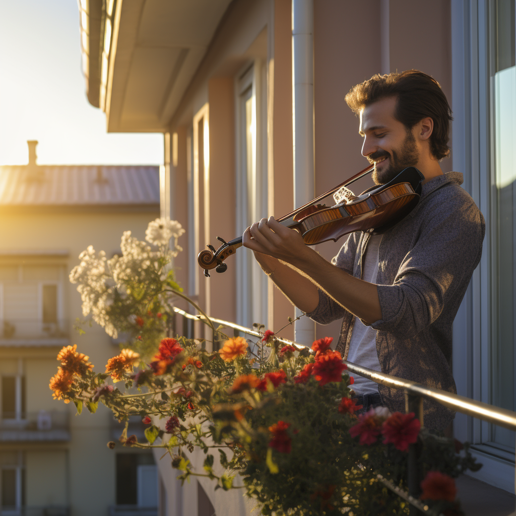 Man playing violin on balcony